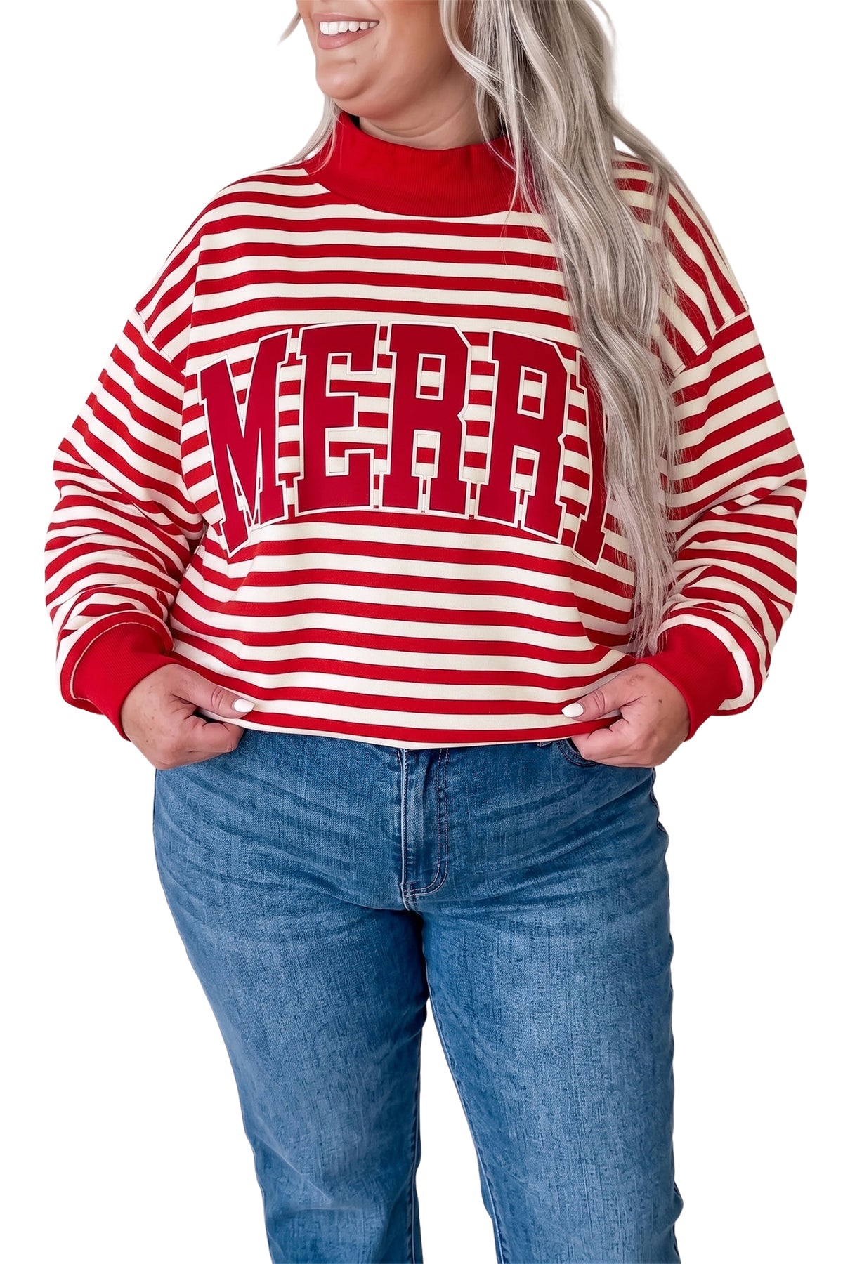 Red Stripe Plus Size MERRY Festive Letter Embroidery Patched Graphic Pullover Sweatshirt