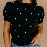Black Elegant Polka Dot Bubble Short Sleeve Sweater