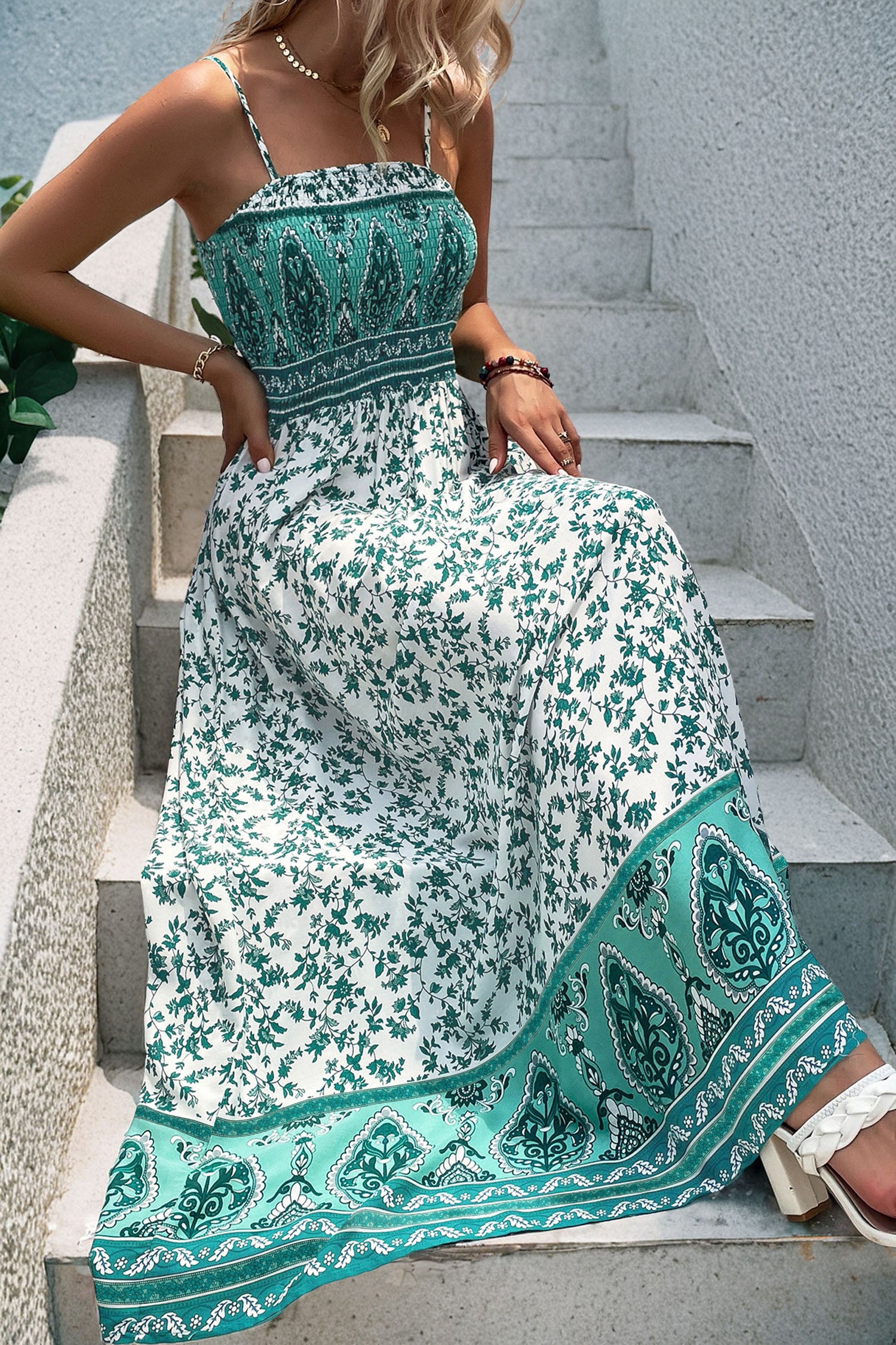 green floral shirred dress SHEIN Green Floral Vintage Dress Women Maxi Summer Wedding Guest Party Formal Shirred Petal Puff Sleeve Cinched High Waist V-Neck A-Line Fla,L