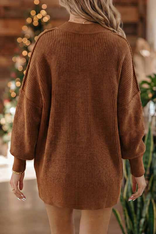 Chestnut Long Sleeve Ribbed Knit Stand Neck Regular Fit Sweater