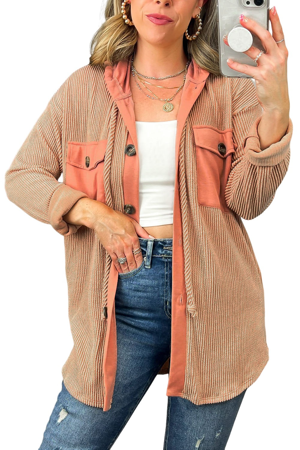 Veste-chemise côtelée à capuche et poches à rabat en patchwork abricot