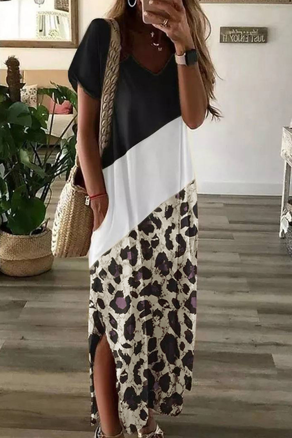 Leopard Color Block Side Slit T Shirt Maxi Dress – HannaBanna Clothing
