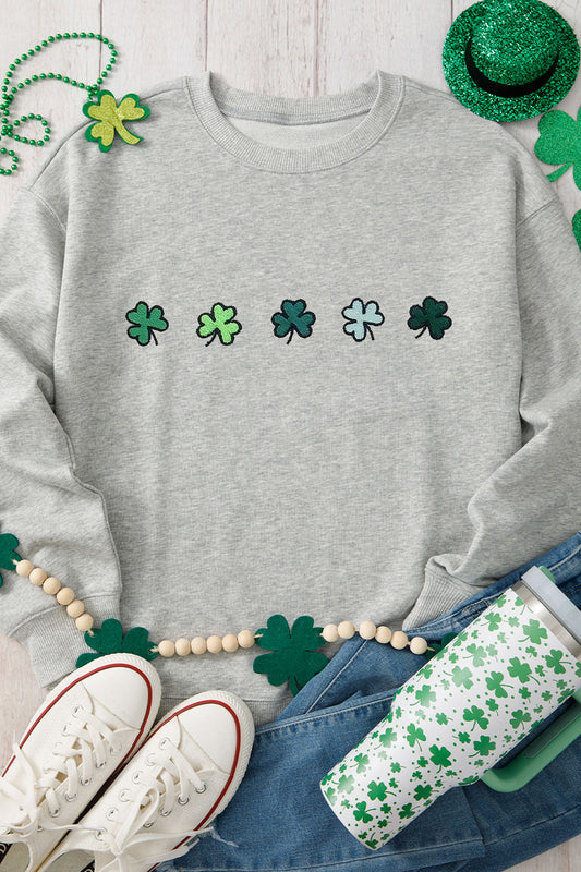 Gray Tiny Clover Embroidered Drop Shoulder Casual Sweatshirt