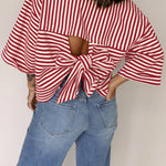 Red Stripe Bowknot Cutout Back Drop Shoulder Wide Bracelet Sleeve Loose Tee