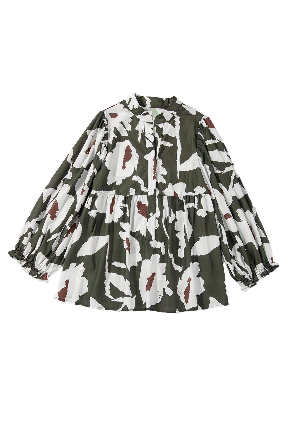 Chemisier à manches bouffantes et demi-bouton à imprimé floral abstrait trèfle à quatre feuilles