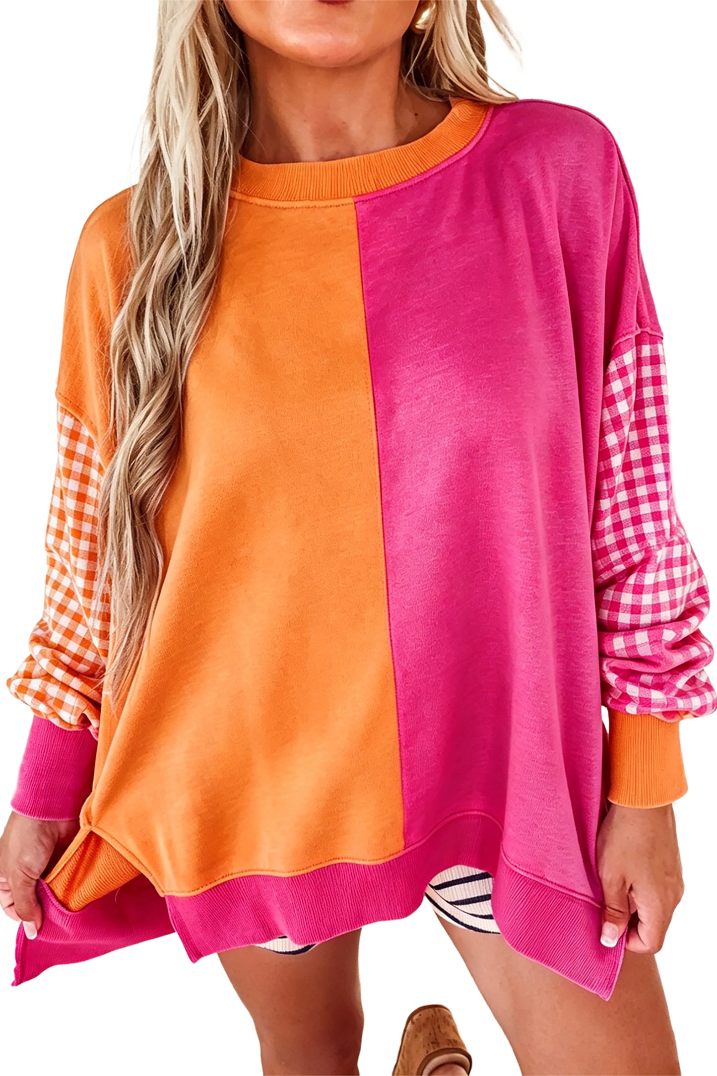 Rose Red Colorblock Gingham Sleeve Crewneck Sweatshirt