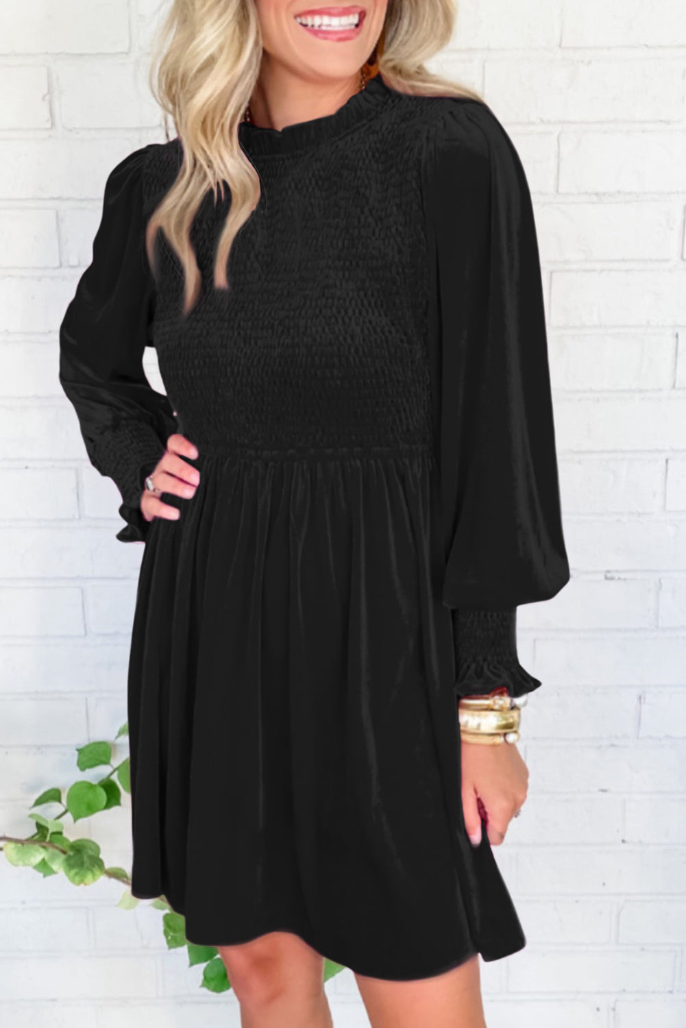 black long sleeve smock dress Black Frilled Neck Smocked Bodice Velvet Dress Black / S / 95%Polyester+5%Elastane