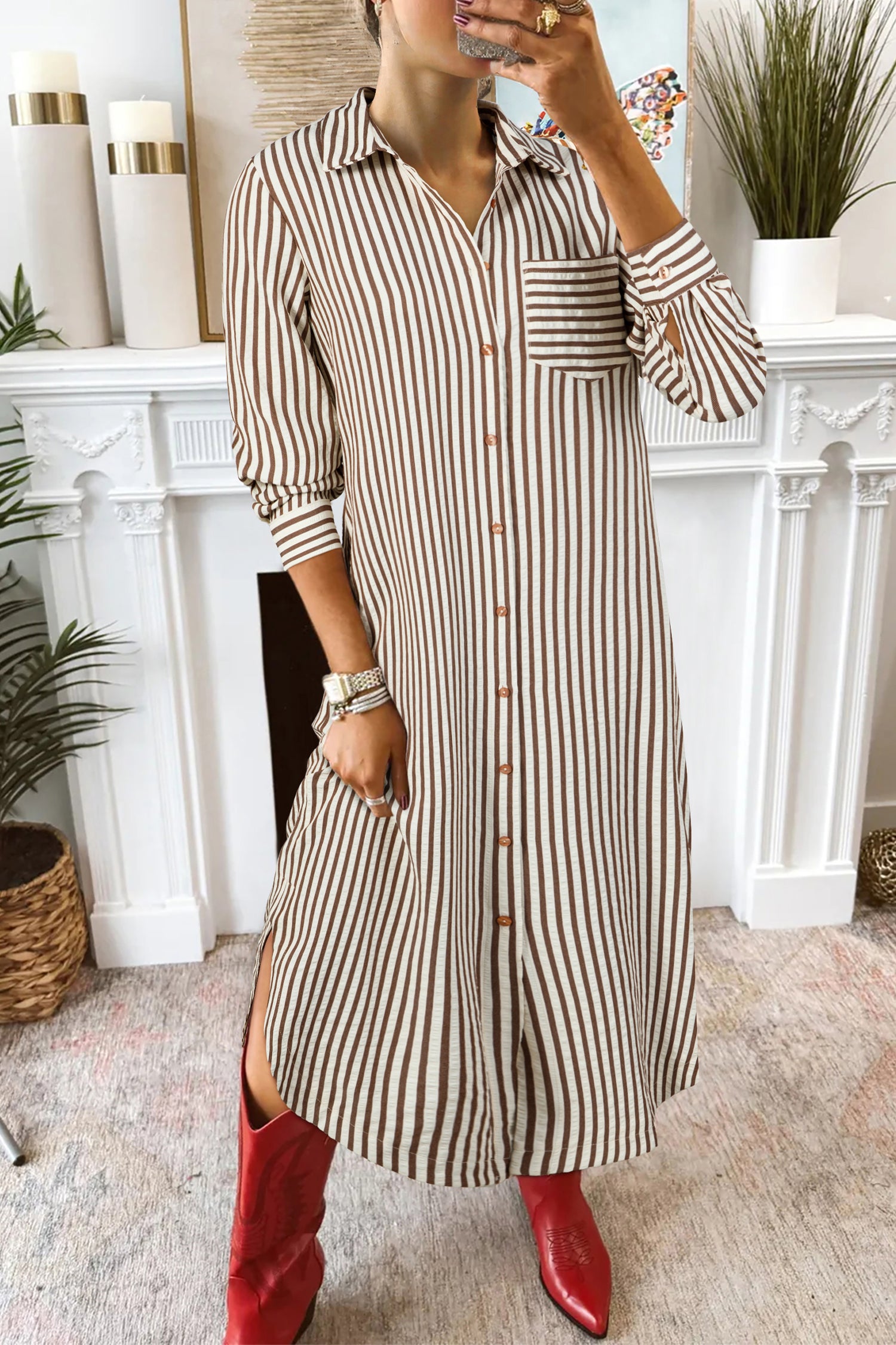 3 4 sleeve shirt dress Alessa 3/4 Khaki / XL Down Flexibility Wear it open as a relaxed lightweight layer or fully buttoned for a more polished Brown Stripe Textured 3/4 Sleeve