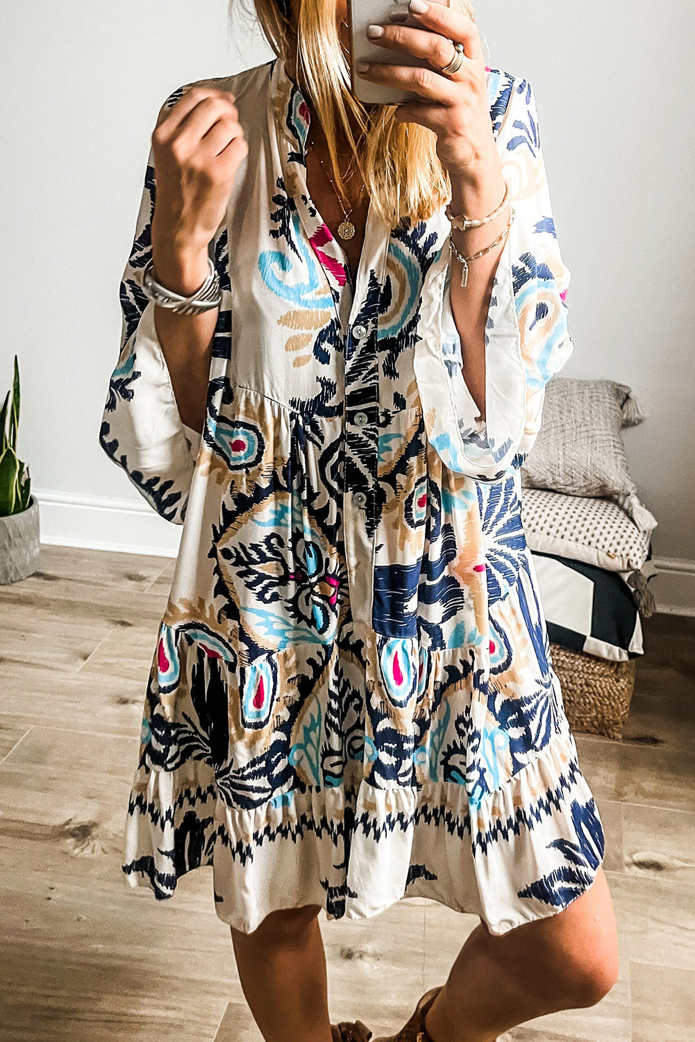 White Printed Tribal Print Bracelet Sleeve Buttoned Mini Dress White Printed / M / 100%Polyester