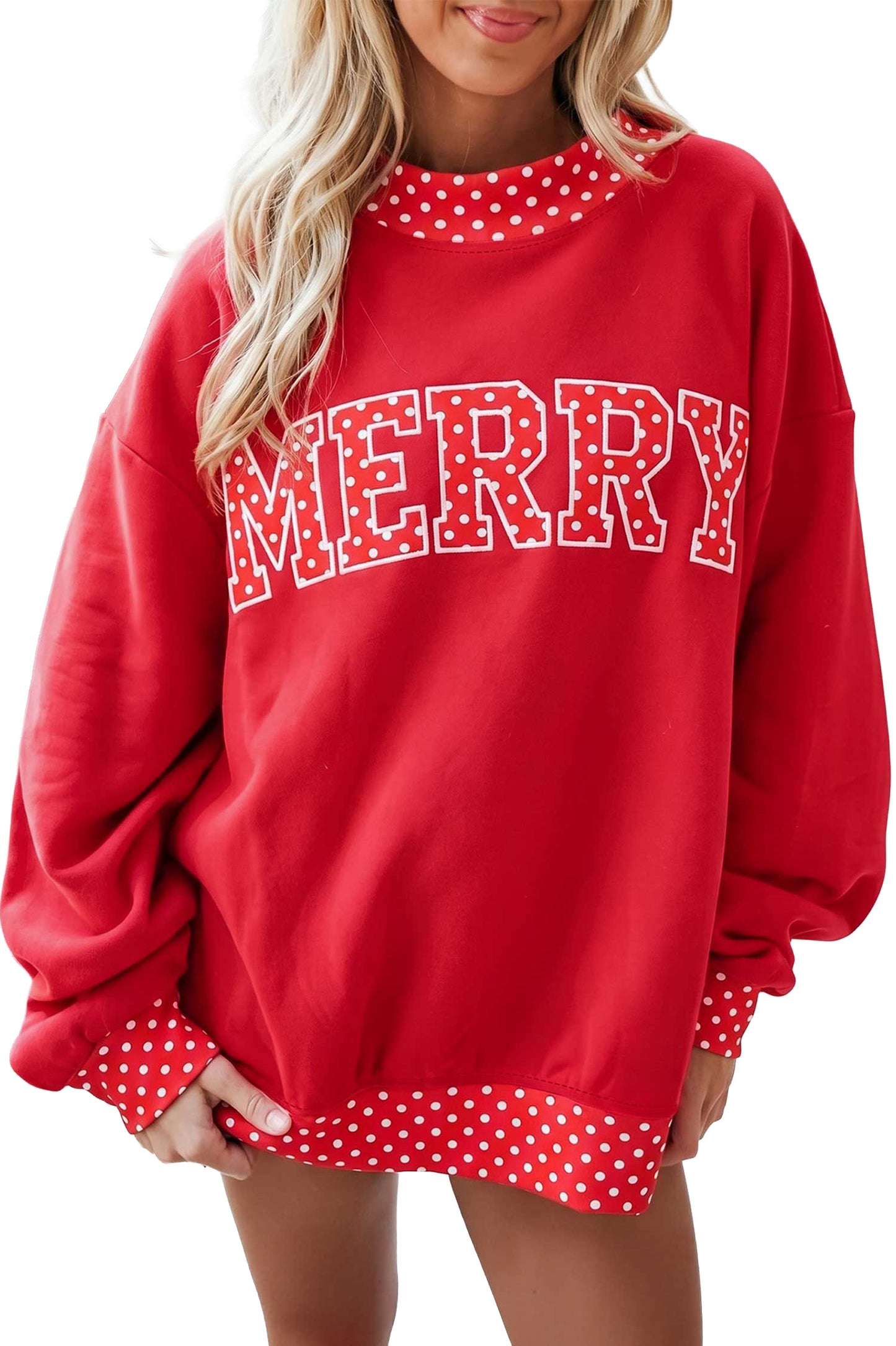 Tomato Red Polka Dot Letter Print Contrast Trim Mock Neck Sweatshirt