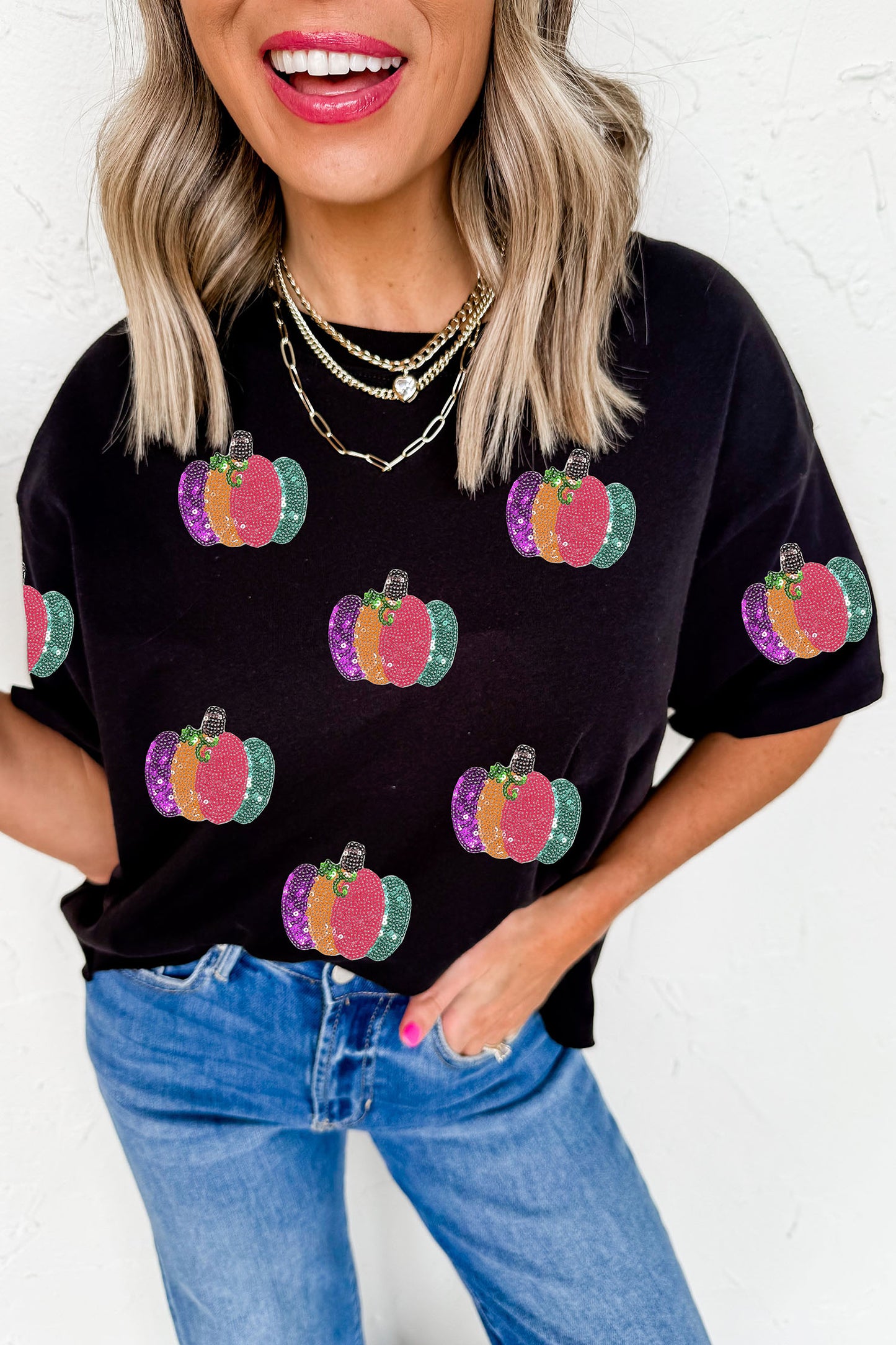 Black Sequined Pumpkin Graphic Round Neck Casual T Shirt