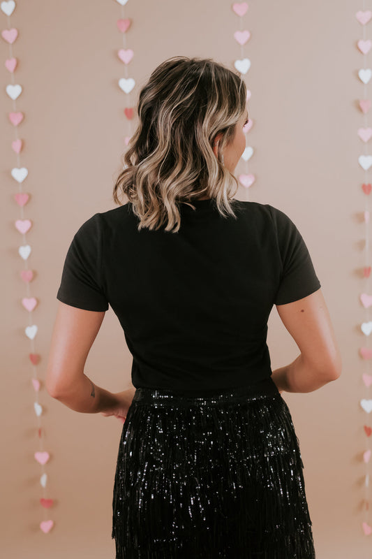 Black HOWDY Rhinestone Slim Fit Crew Neck T Shirt