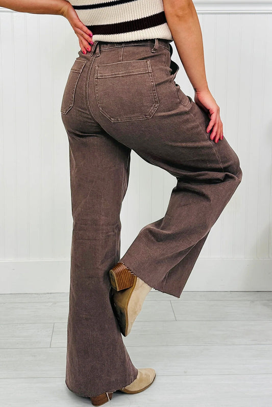 Dark Brown Retro Washed Patch Pocket Loose Jeans