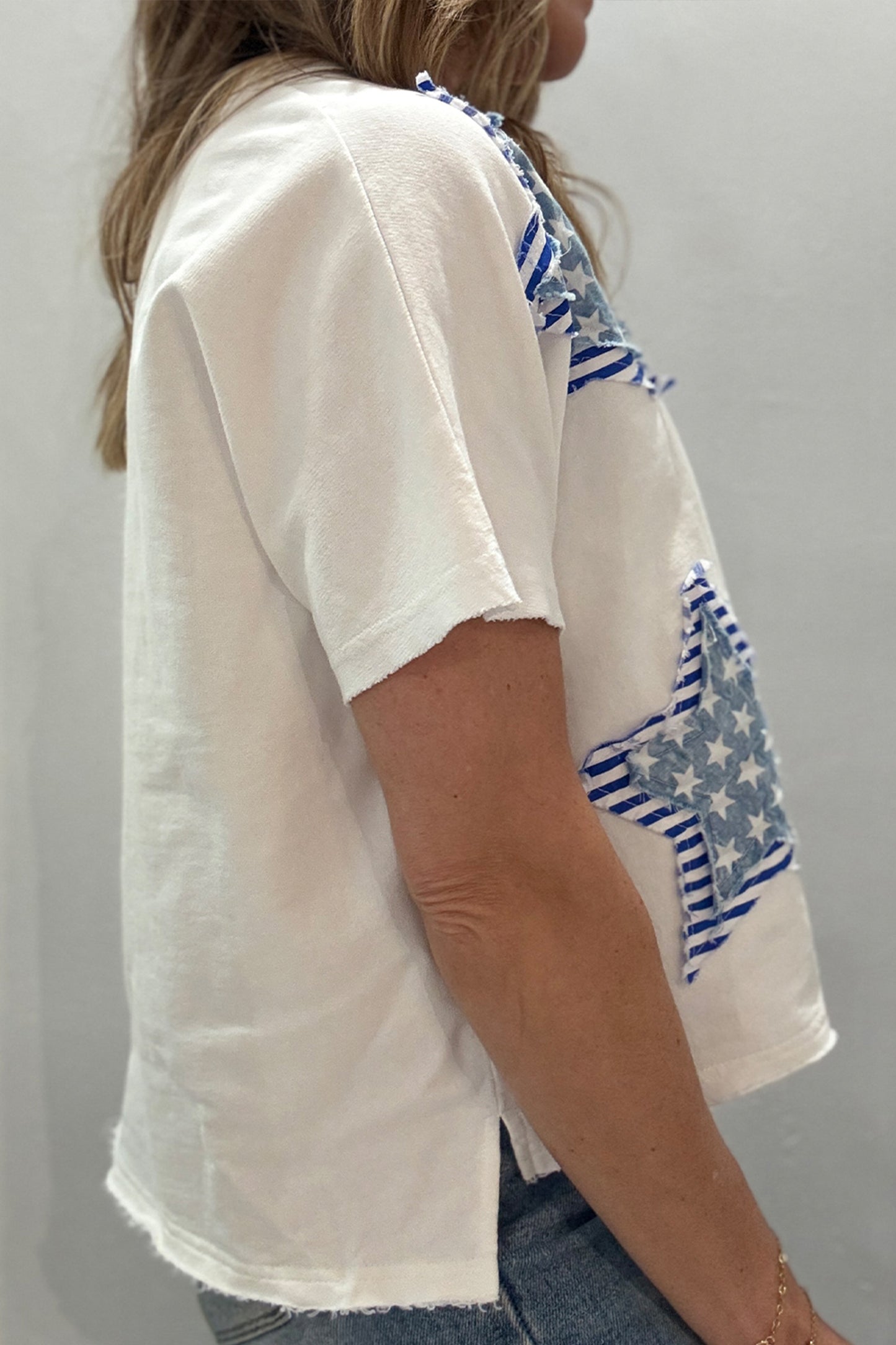 Sky Blue Patriot Star Patched Notched Neck Mineral Washed Tee