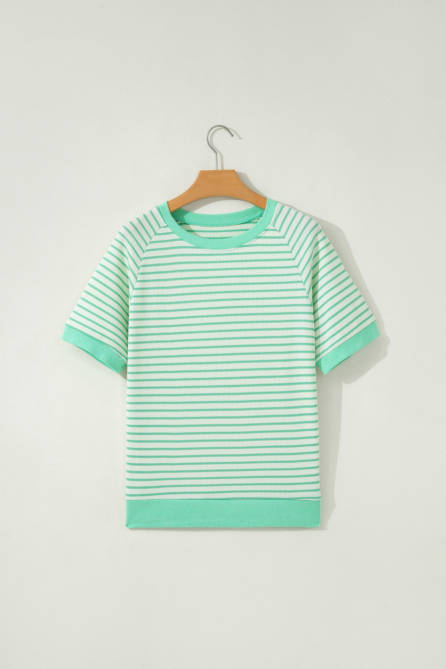 Green Stripe Colorblock Trim Round Neck Short Sleeve Tee