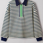 Navy Blue Striped Print Contrast Collar Zip V Neck Long Sleeve Top