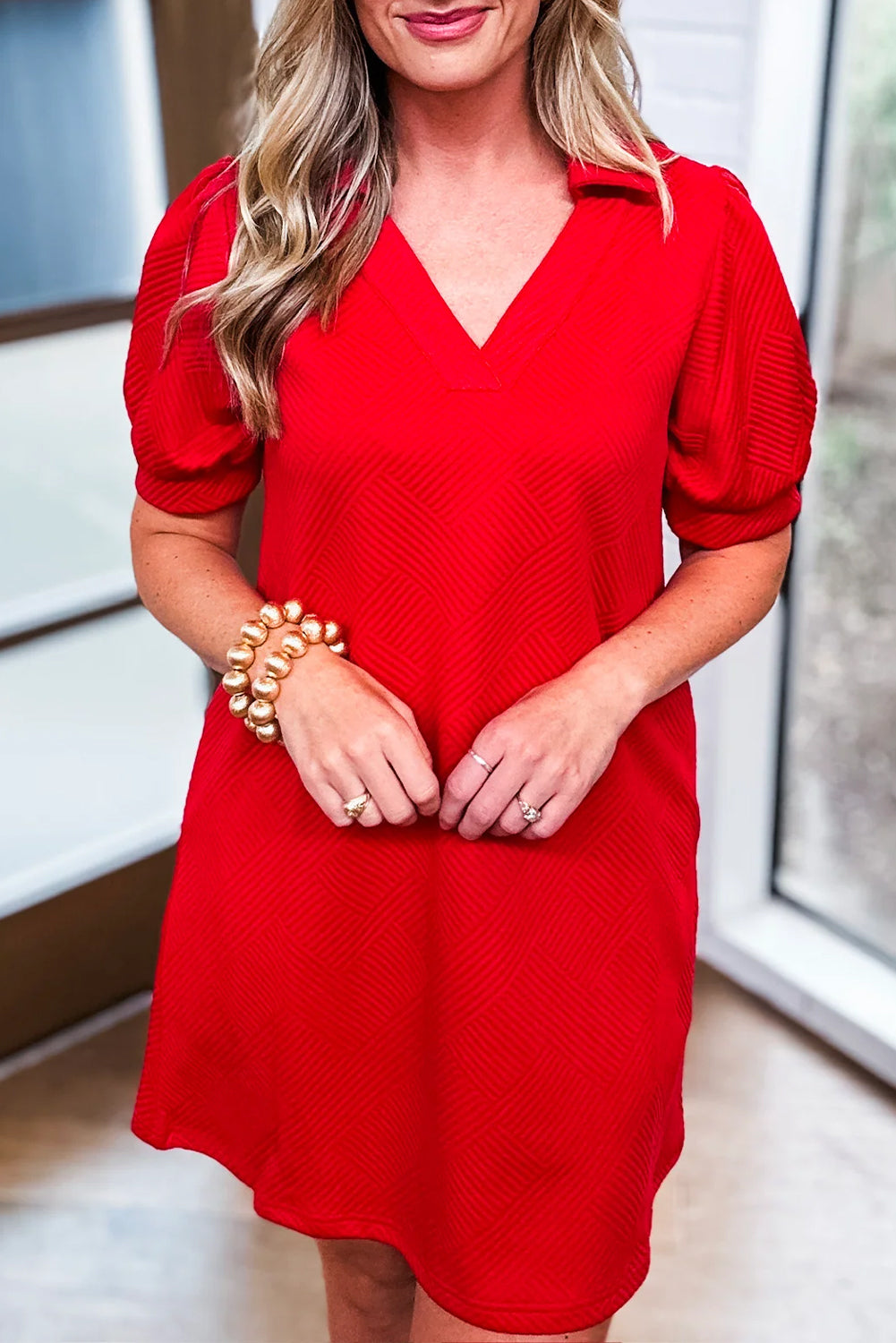 red shift mini dress Fiery Red Textured Collared V Neck Puff Short Sleeve Shift Mini Dress