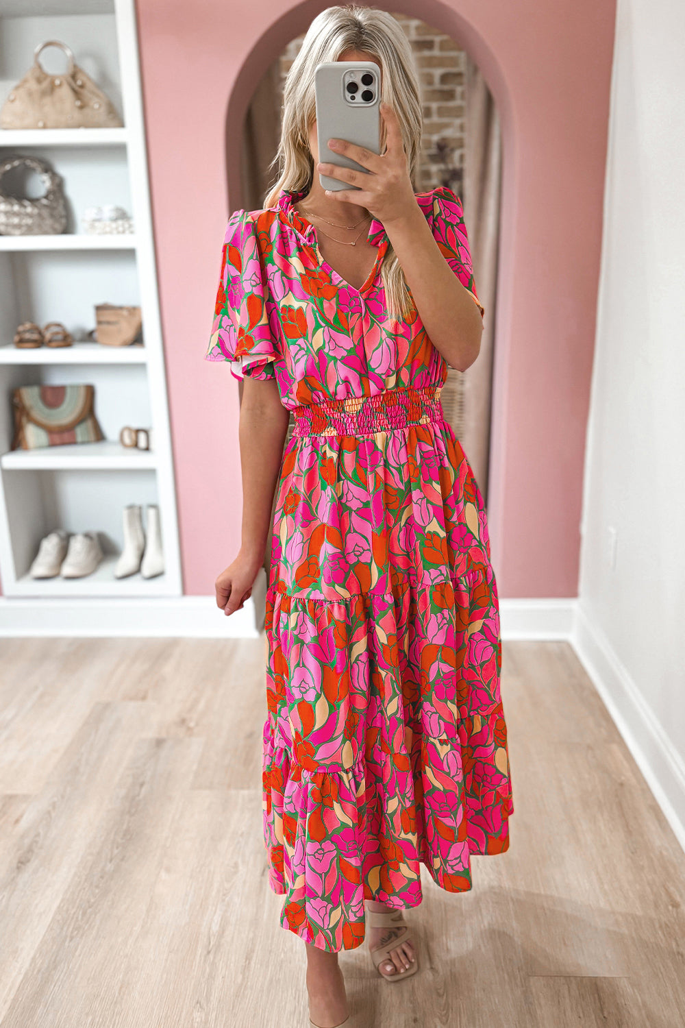 Rose Floral Short Sleeve Smocked Waist Maxi Dress