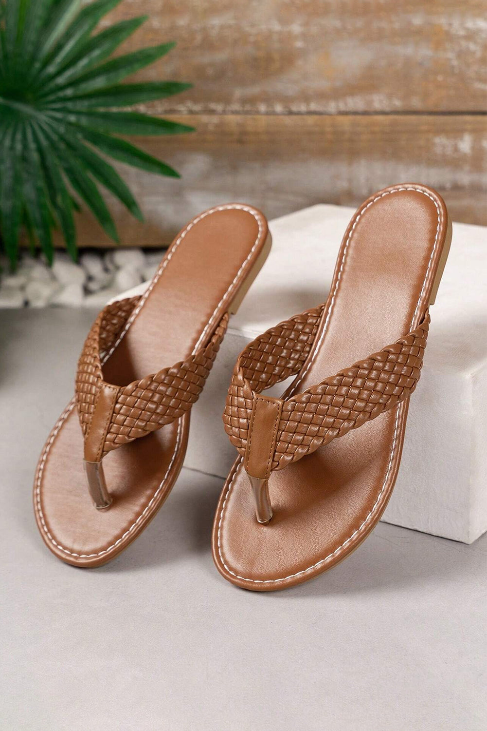Chestnut Braided Strap PU Leather Flip Flop