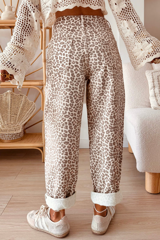 Gray Leopard Print High Rise Relaxed Casual Jeans