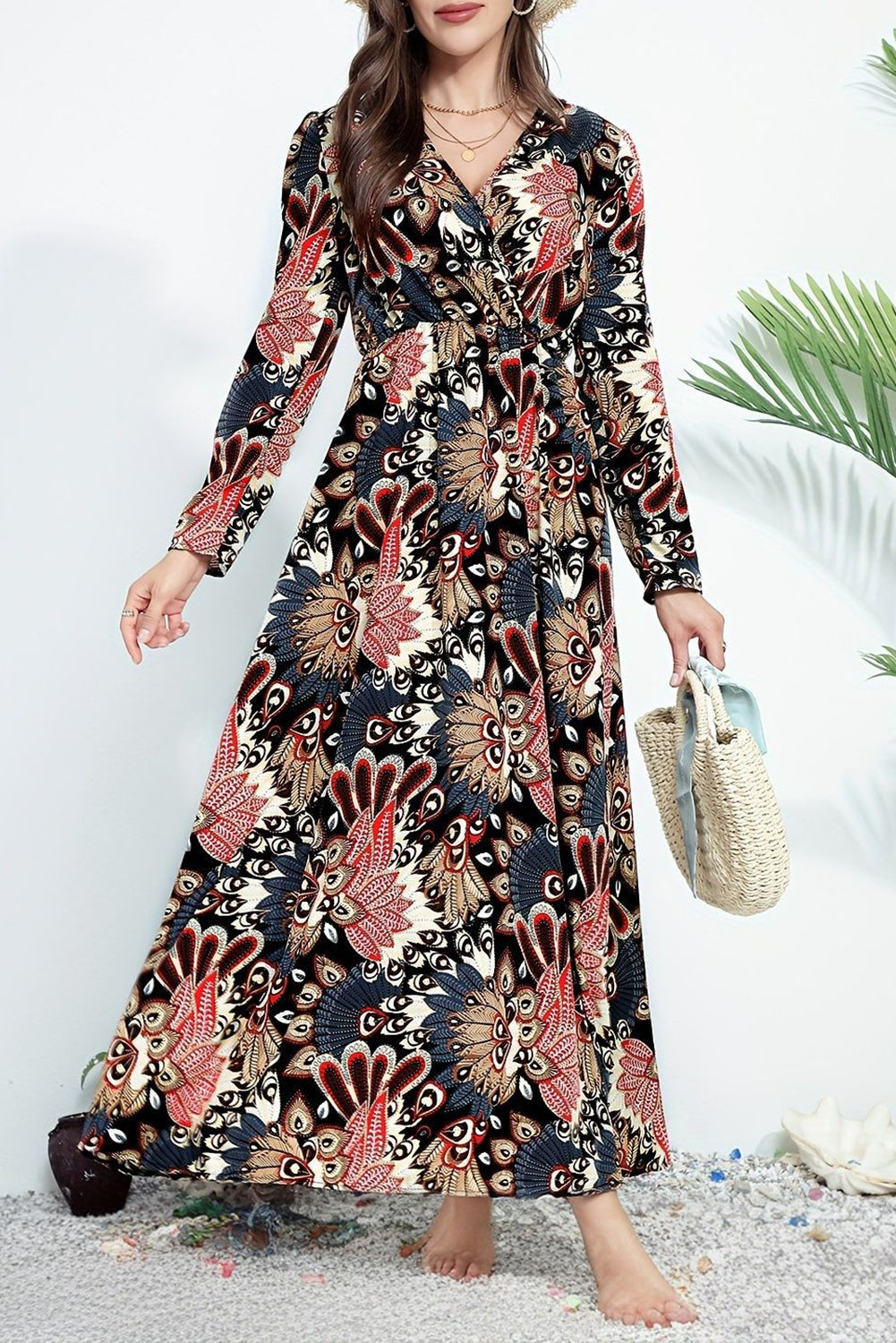 fitted lace wedding dress Black Floral Print V Neck Wrap High Waist Maxi Dress