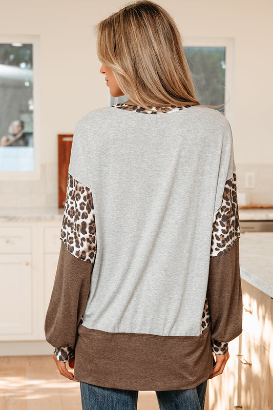 Gray Color Block Leopard Patchwork Dolman Sleeve High Low Baggy Sweatshirt