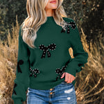 Blackish Green Pearl Embellished Bow Pattern Loose Sweater