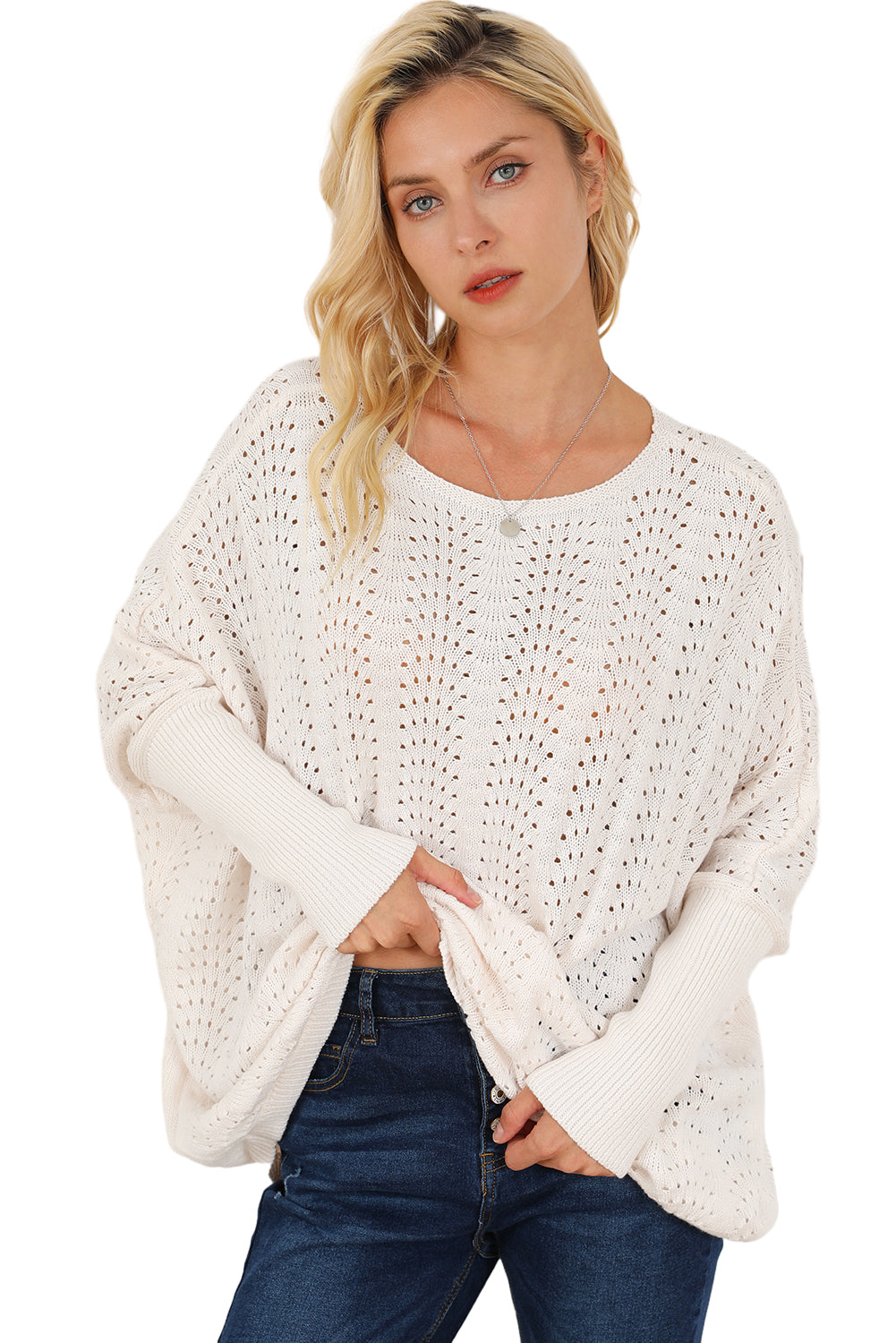 Jersey de manga dolman de punto hueco acanalado en beige