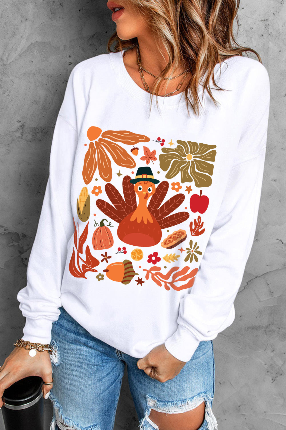 Sweat-shirt beige à col rond et motif graphique d'automne pour Thanksgiving
