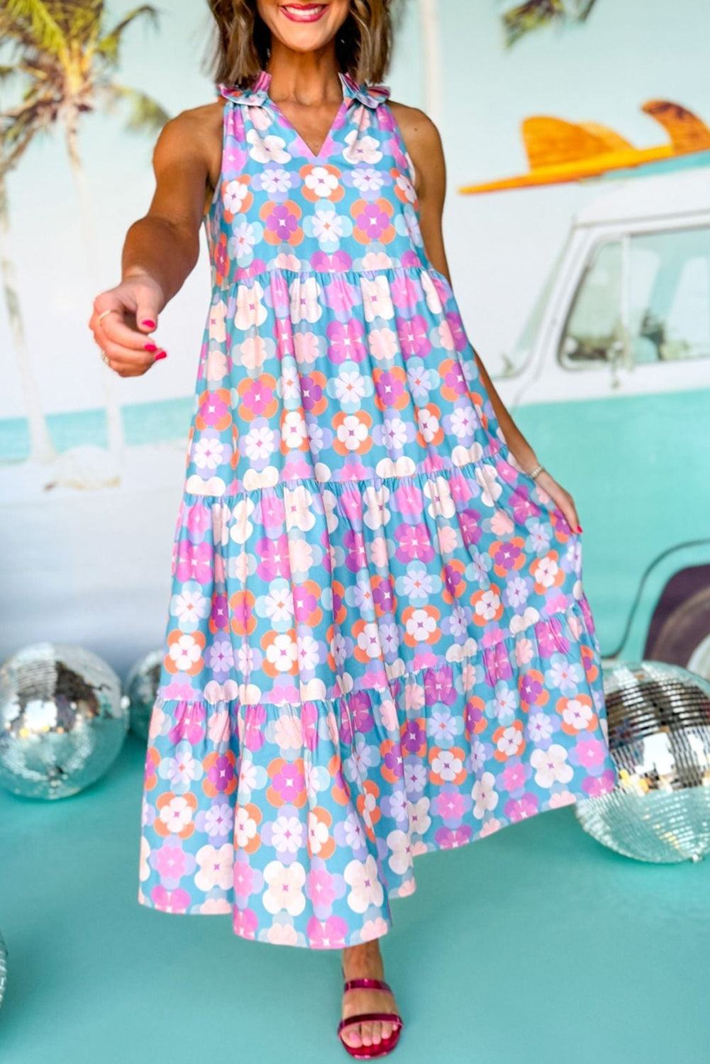 Sky Blue Floral Print Frilly Neck Sleeveless Tiered Maxi Dress Sky Blue / XL / 100%Polyester