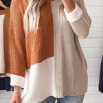 Chestnut Color Block Knit V Neck Loose Sweater