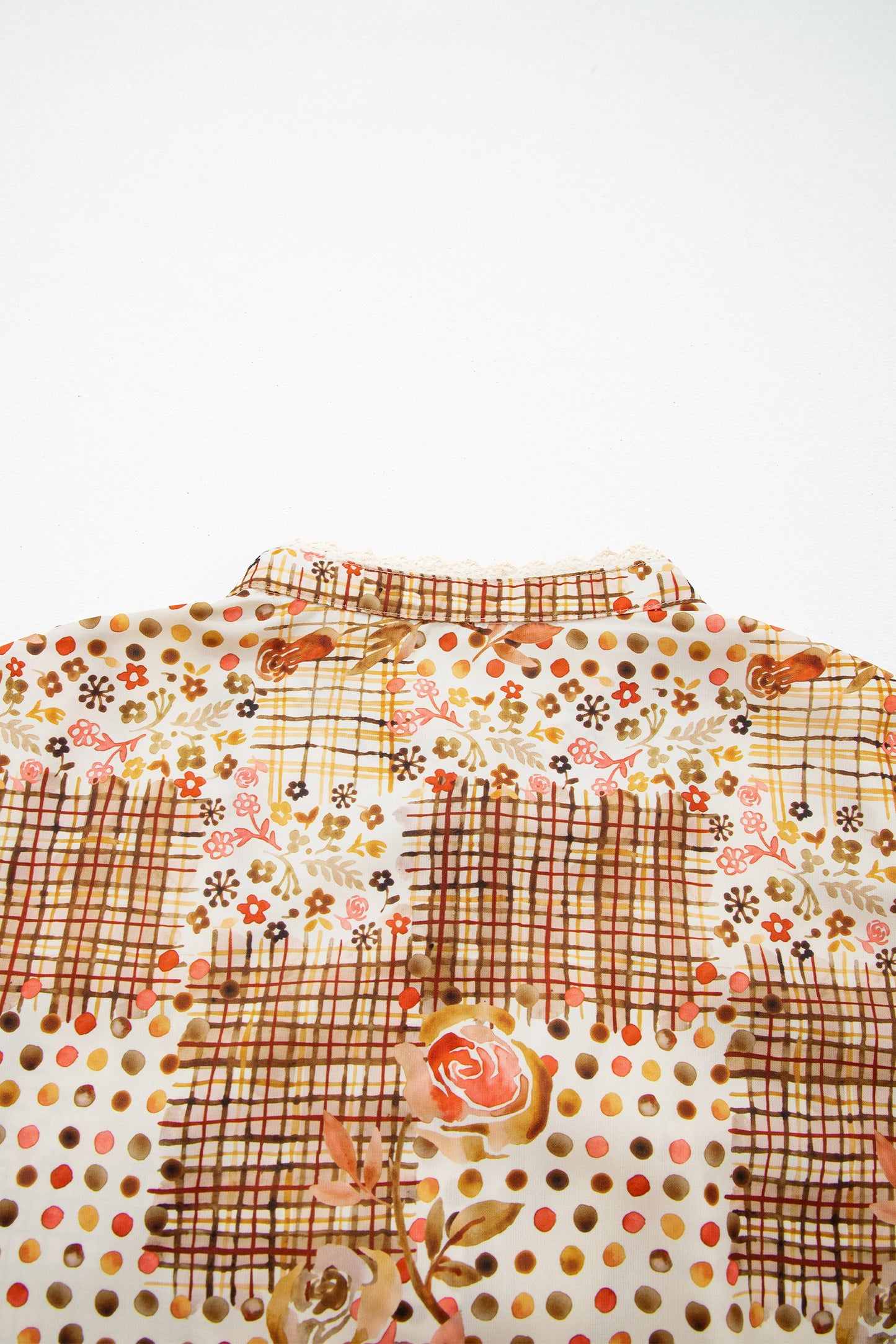 Brown Floral Lace Trim Button Down Long Sleeve Shirt