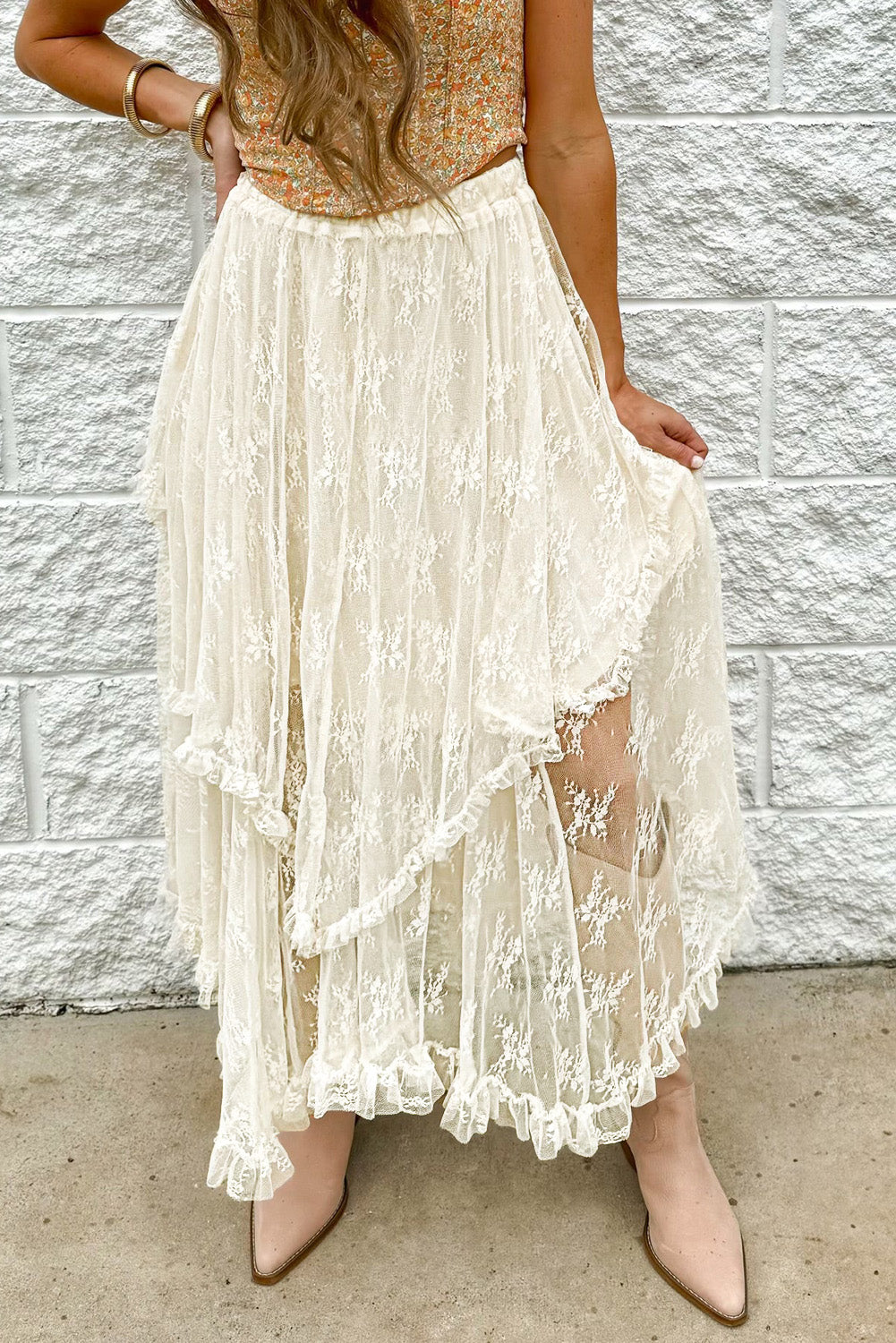 Bohemian Floral Lace Cascading Ruffle Tiered Asymmetrical Maxi Skirt - Sunny Angela Beige / S Bohemian Floral Lace Cascading Ruffle Tiered Asymmetrical Maxi Skirt - Sunny Angela Beige / S
