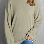 Green Solid Ribbed Knit Round Neck Pullover Sweatshirt