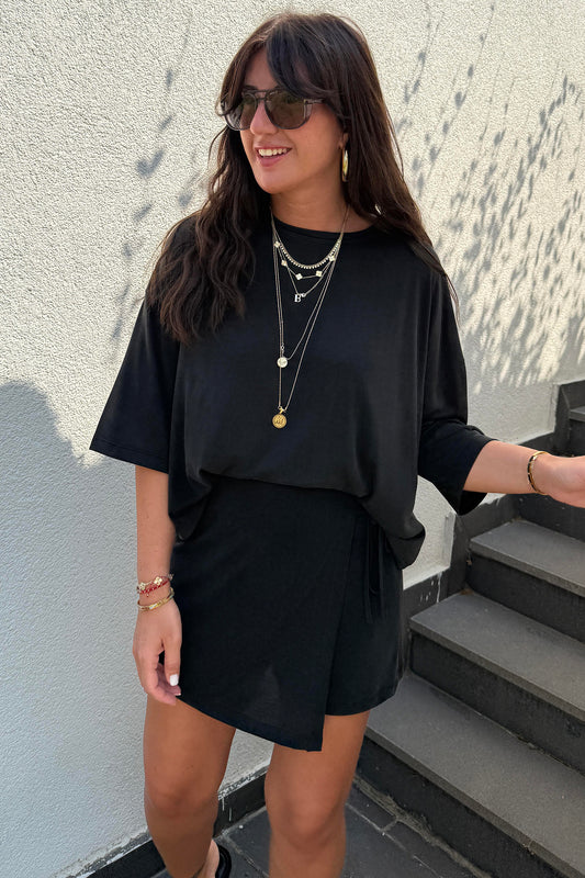 Black Solid Color Oversize Tee Tie Wrap Mini Skort 2pcs Set
