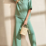 Canton Contrast Trim Half Sleeve Top Drawstring Pants Loose 2pcs Sweater Suit