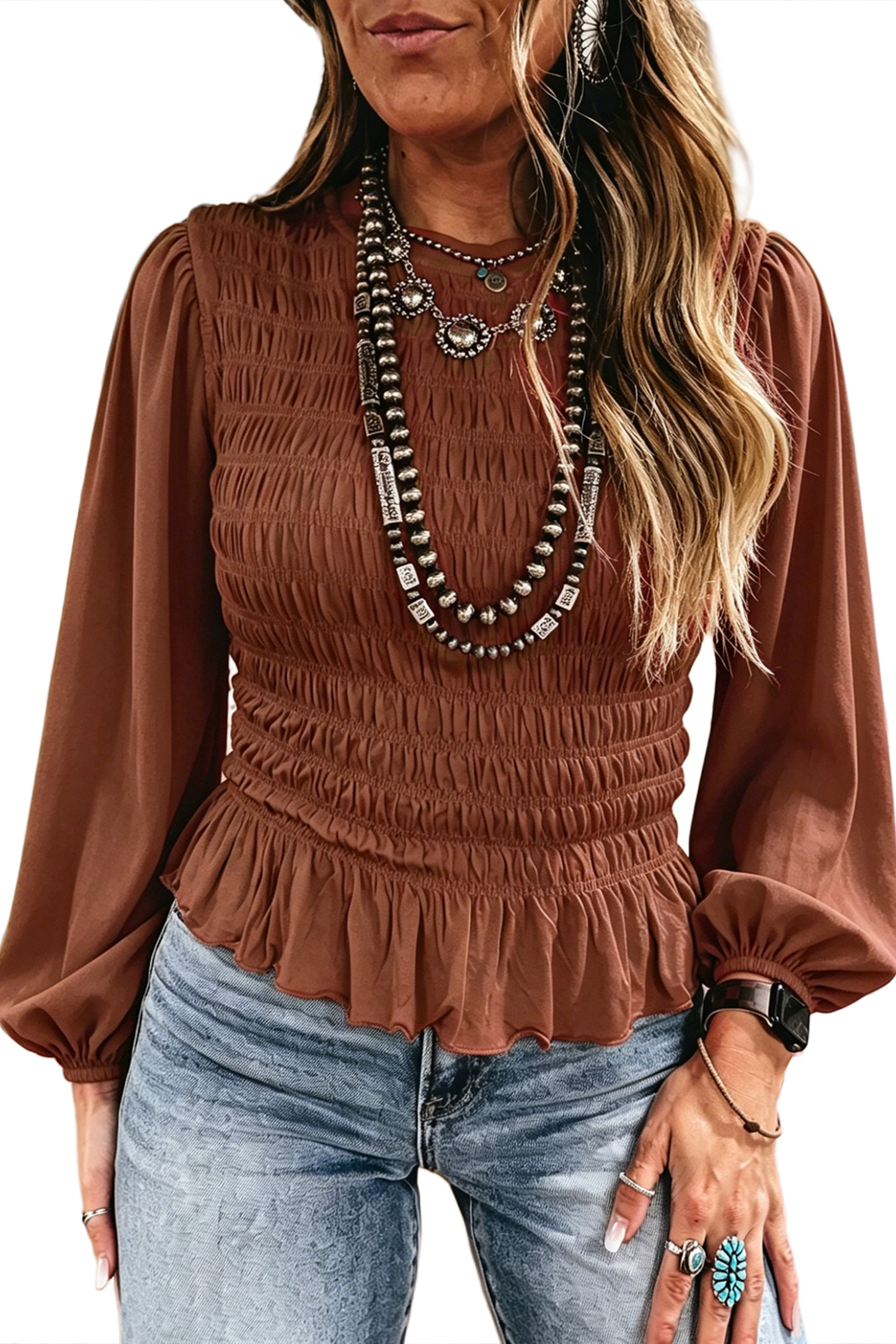 Coffee Solid Color Smocked Ruffle Hem Long Sleeve Blouse
