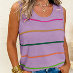 Purple Stripe Round Neck Knitted Sweater Tank