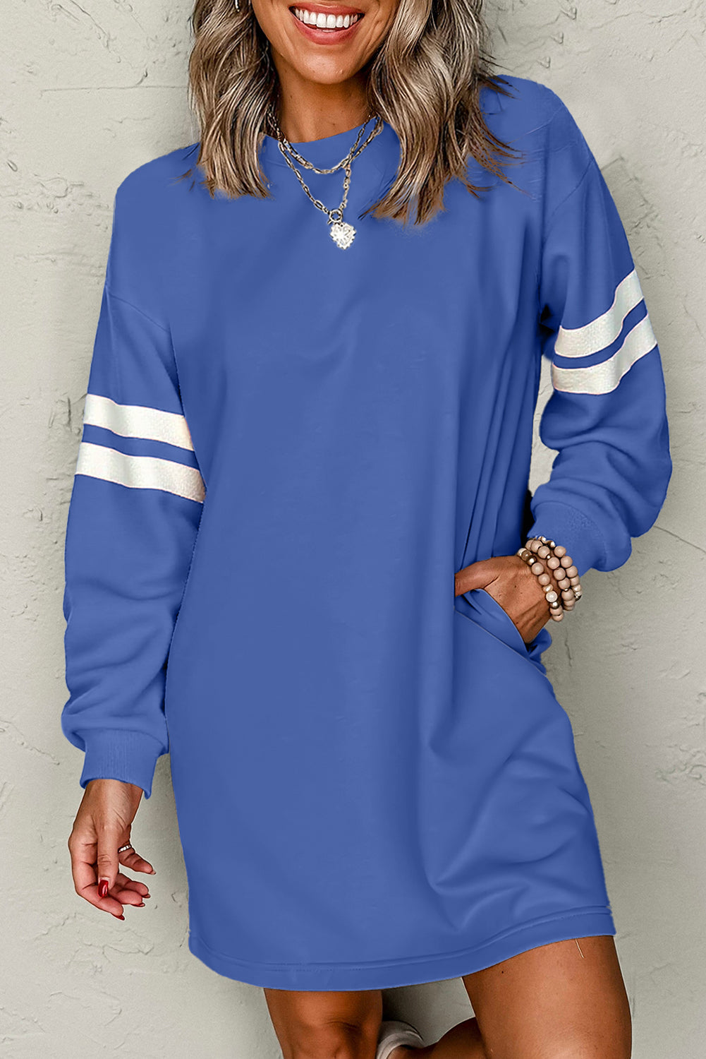 Sunny Angela Women's Varsity Banded Sleeve Shift Sweatshirt Mini Dress