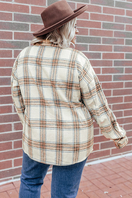 Sudadera beige con media cremallera y bolsillo en el pecho a cuadros de talla grande