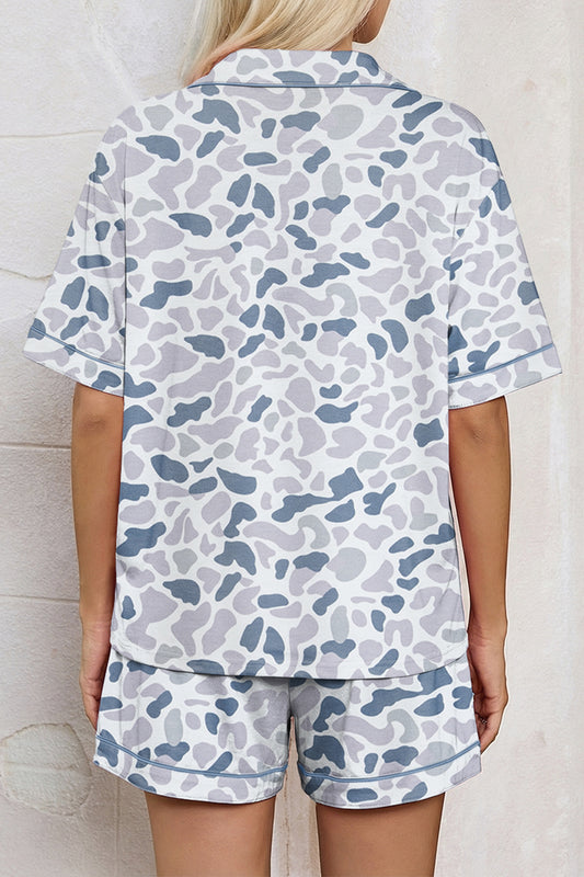 Beige Camouflage Print Lapel Shirt Drawstring 2pcs Short Pajama Set