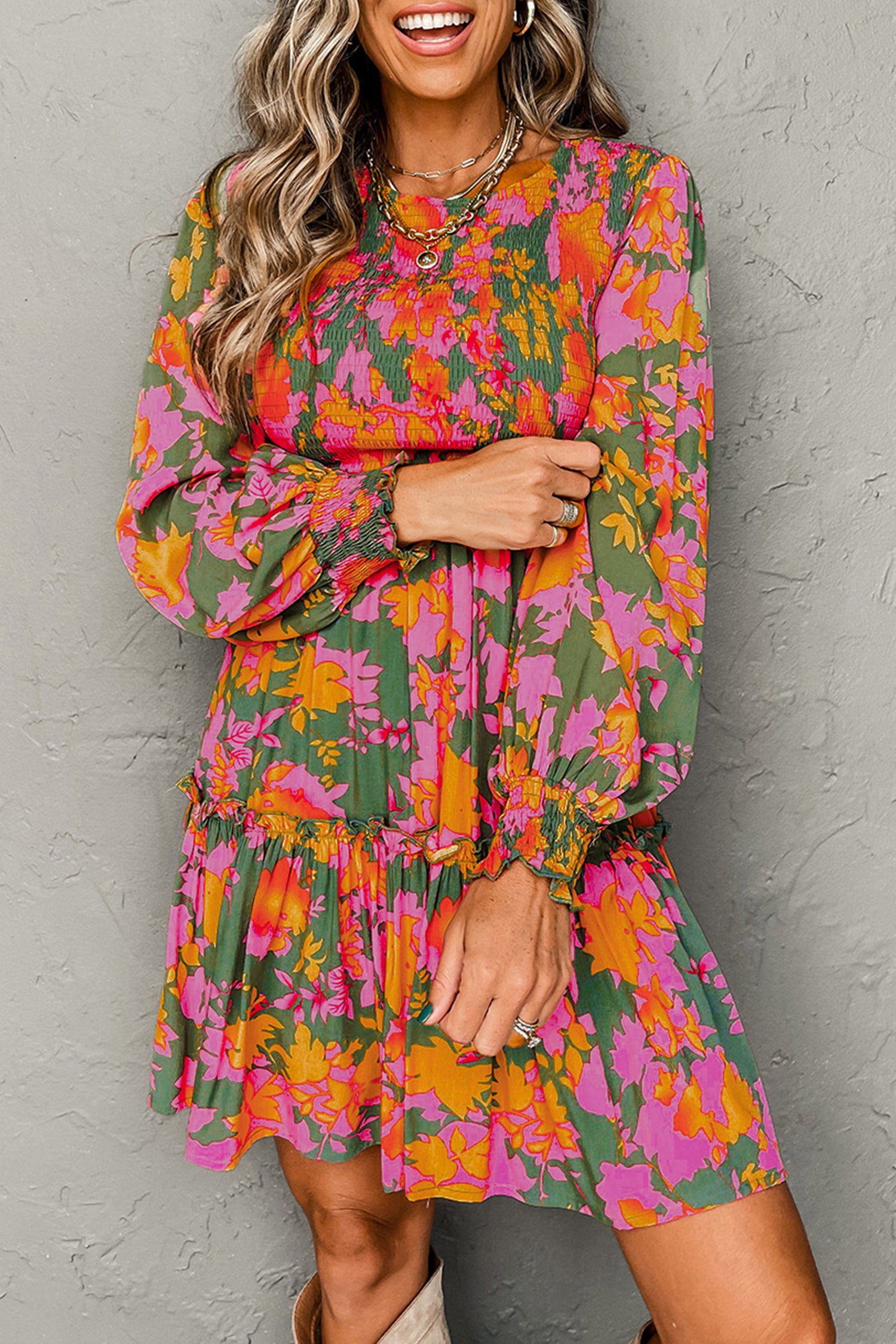 Multicolour Floral Print Long Sleeve Smocked Ruffled Mini Dress Multicolour / S / 100%Viscose