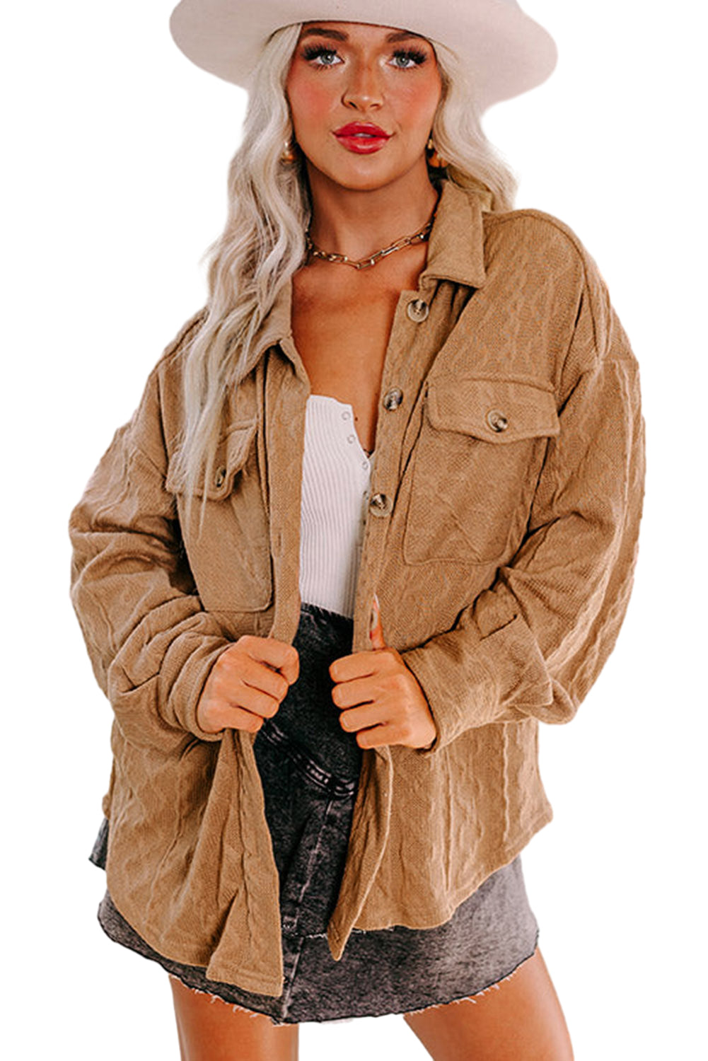 Veste-chemise à rabat en tricot torsadé camel