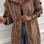 Dark Khaki Contrast Cuffed Drop Shoulder Zip up Tunic Hoodie