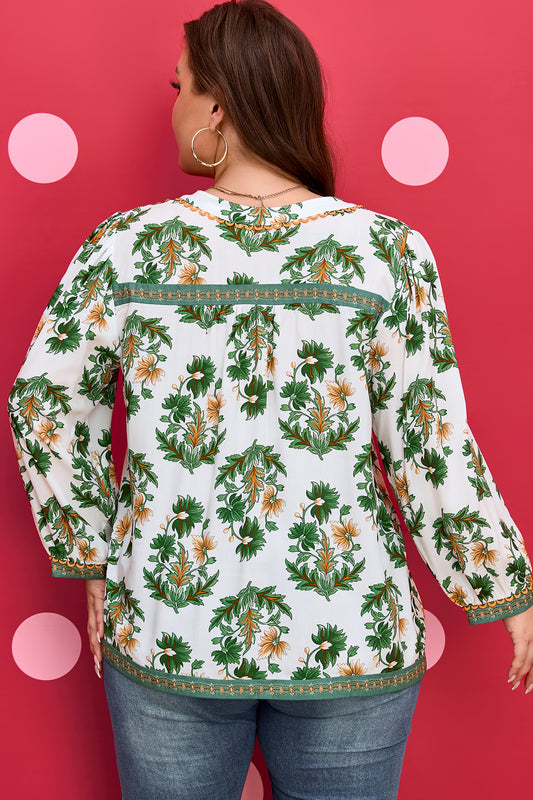 Green Plus Size Floral Printed Contrast Patchwork Detail Tassel Tie 3/4 Sleeve Blouse