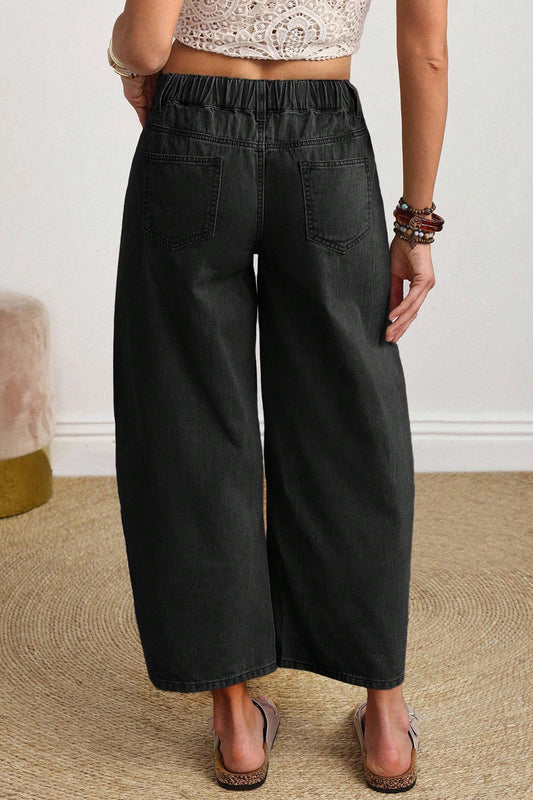 Black Solid Color Square Patch Pocket Ankle-length Barrel Jeans