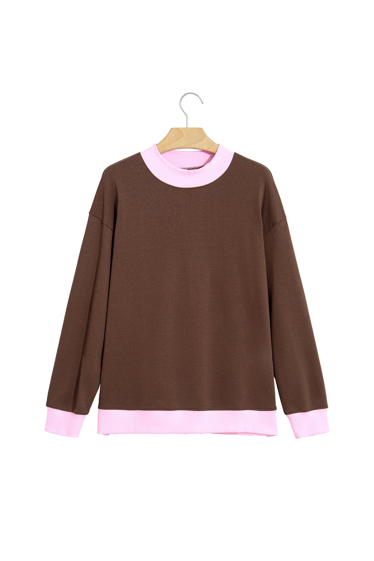 Coffee Colorblock Trim Crewneck Long Sleeve Pullover Sweatshirt