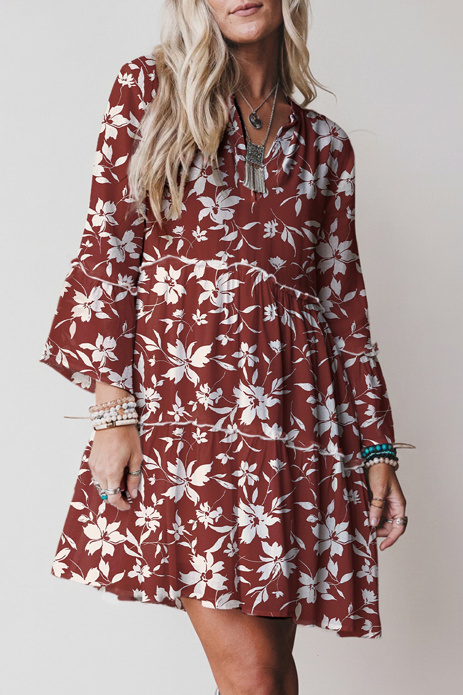 3 4 sleeve mini dress Red Boho Floral Print Lettuce Trim 3/4 Sleeve Mini Dress – HannaBanna  Clothing
