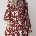 Red Boho Floral Print Lettuce Trim 3/4 Sleeve Mini Dress