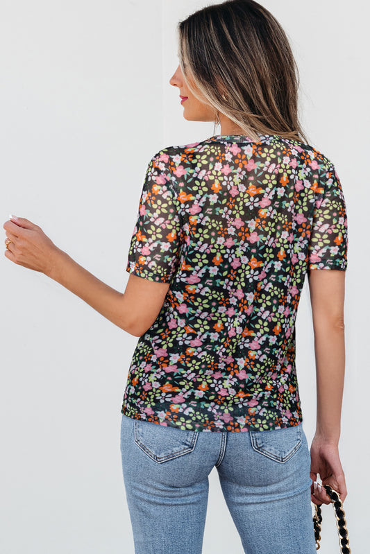 Black Sheer Floral Mesh Round Neck T Shirt